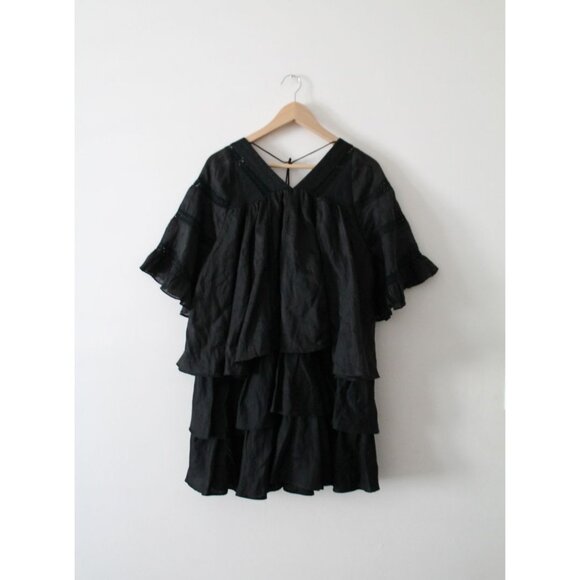 Joslin Net Sustain Ellie Crochet-Trimmed Ruffled Linen Mini Dress Black Size 10 - Picture 5 of 8